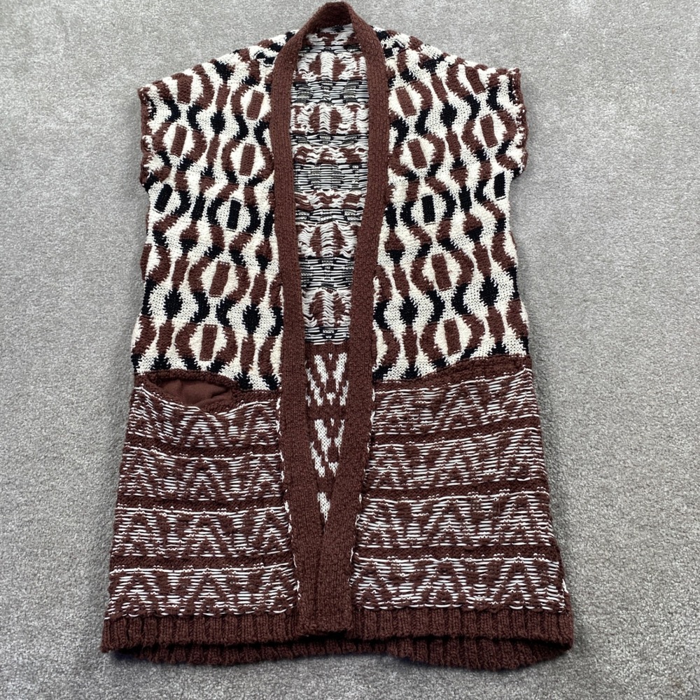 Knit Vest Women S Brown Geometric Tribal Open Front Longline Pockets